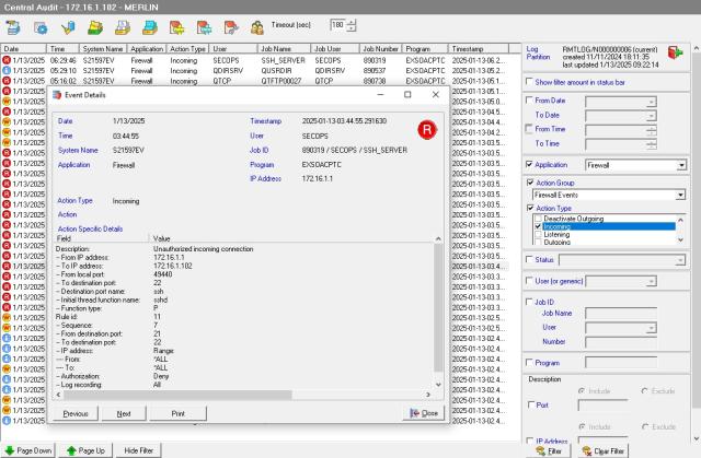 IBM i Firewall Incoming Event Log Ddetails