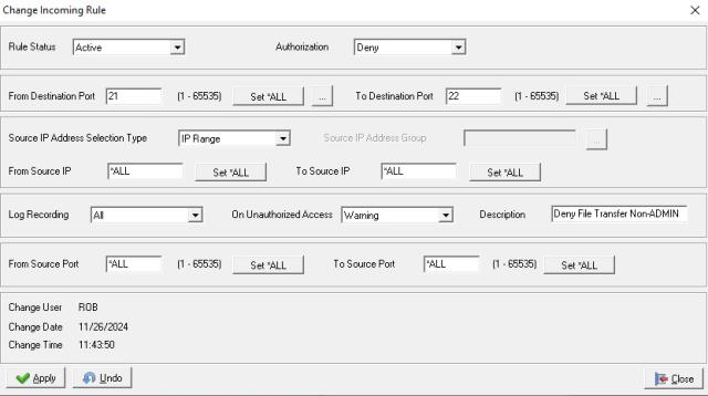 AS400 Firewall Incoming Rule Seny Warning